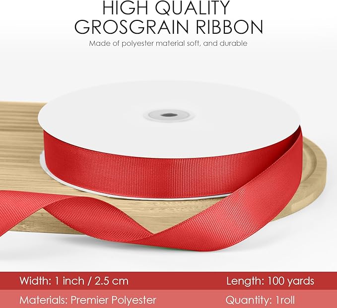 100 Yards 1 inch Grosgrain Ribbon, Solid Color Fabric Ribbon Perfect for Gift Wrapping, Wedding, Handmade Bows, Floral Bouquets and Party Decoration(red)