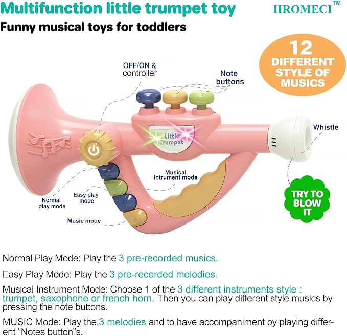 Musical Toys for Kids, Little Trumpet Toy for Toddlers, Blow Horn Baby Educational Toys, Infants Music Toy for Girls Boys Ages 1 2 3 Years Old (Pink)
