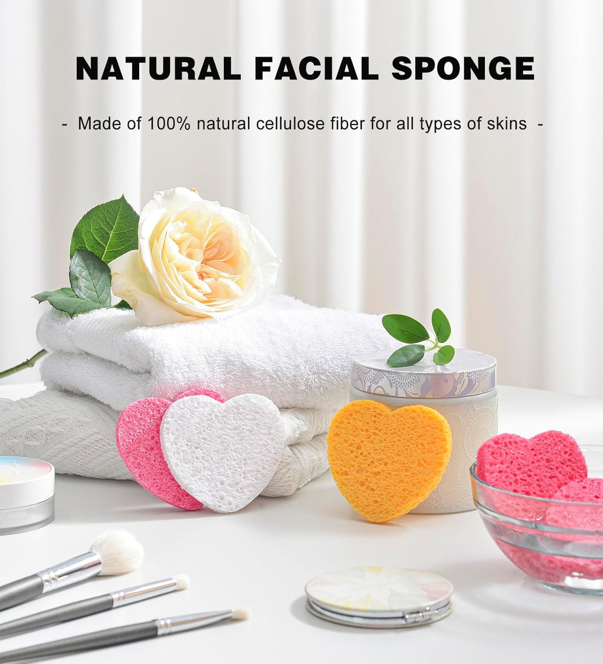 50-Count Compressed Facial Sponges for Estheticians- 100% Natural Cellulose Face Sponge Spa Sponges for Face Cleansing, Massage, Pore Exfoliating, Mask, Makeup Removal (Love-White)