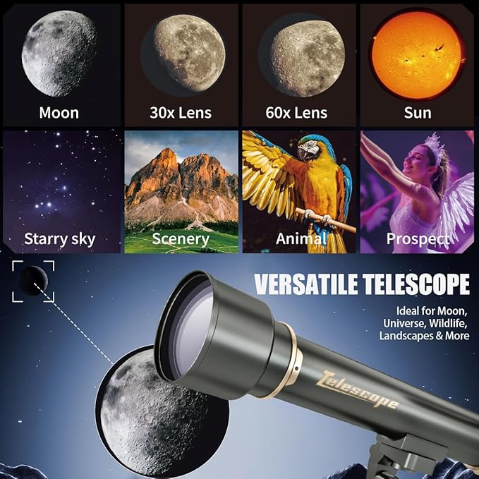Telescope for Kids& Adults with 60X/30X Lenses, Adjustable Alloy Tripod, Mobile Phone Holder, 360° Gimbal Mount for Stargazing and Nature Viewing,Suitable for Astronomy Enthusiasts