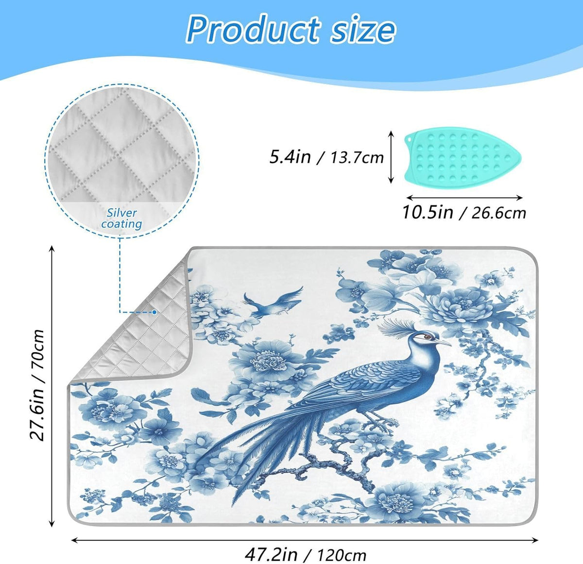 Chinoiserie Flower Peacock Ironing Mat Thickened Ironing Blanket Travel Portable Double-Side Using Ironing Pad Travel Isolate Heat Pad Cover for Washer Dryer Table Top Countertop 27.6x47.2in