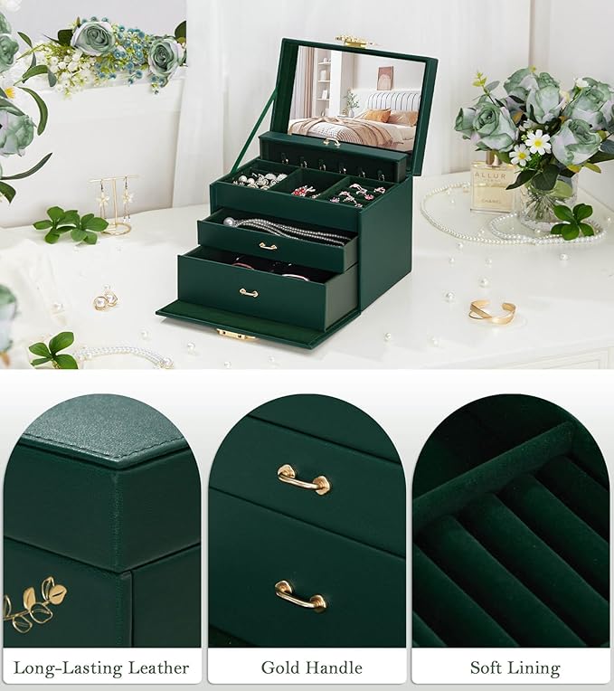 Jewelry Box with Lock for Girls: Jewelry Organizer for Dresser - 3-Drawer Earrings Storage Girls Women Gift (Dark Green)