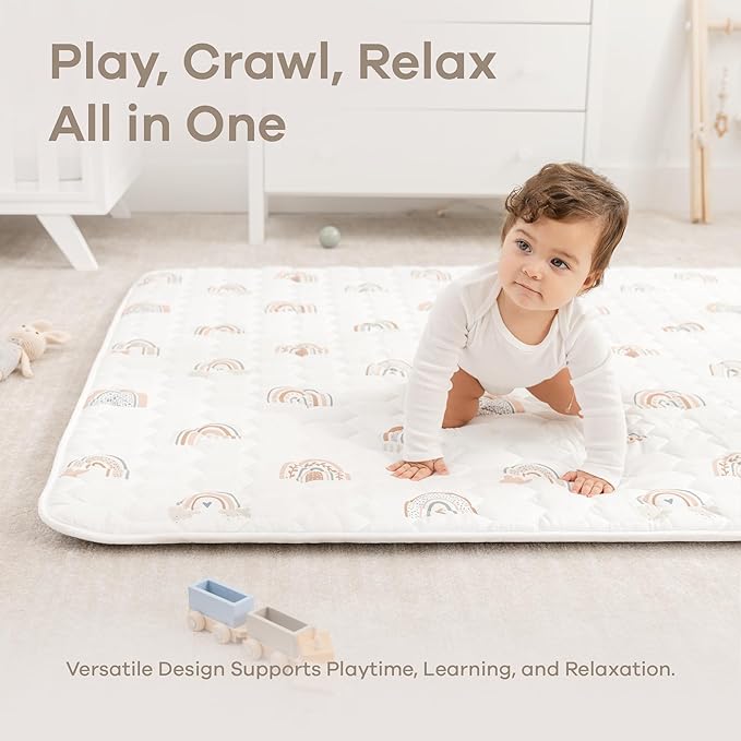 Comfy Cubs Square Kids Play Mat - 56 x 56 inches Soft Quilted Baby Floor Mat with Non-Slip Bottom - Plush Design for Toddlers' Playtime and Relaxation - Comfortable and Durable - Rainbow