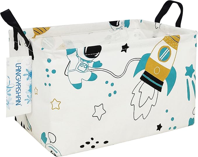 LANGYASHAN Rectangular Storage Bin Collapse Canvas Fabric Cartoon Storage Basket with Handles for Organizing Home Kitchen Boys and Girls Toys Office Closet Shelf Baskets (Rec space astronaut)