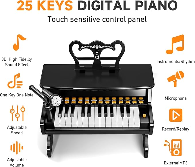 Upgraded Classical Piano for Kids - Black Professional Musical Keyboard Piano Instrument Toys for 3 5 7 9 Years Old Beginners Educational Instruments Birthday Gift