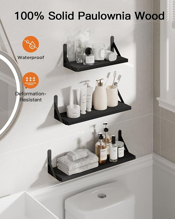 AMADA HOMEFURNISHING Wall Shelves Set of 6, Wood Floating Shelves for Decor, Rustic Farmhouse for Bedroom, Bathroom Storage, Book Shelves for Living Room, Black