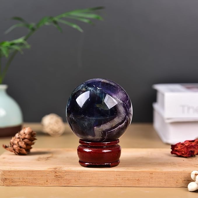 JIC Gem Natural Colorful Fluorite Crystal Sphere Decorative Ball with Wooden Stand Meditation Balls for Witchcraft Reiki Healing Gift 50-60mm