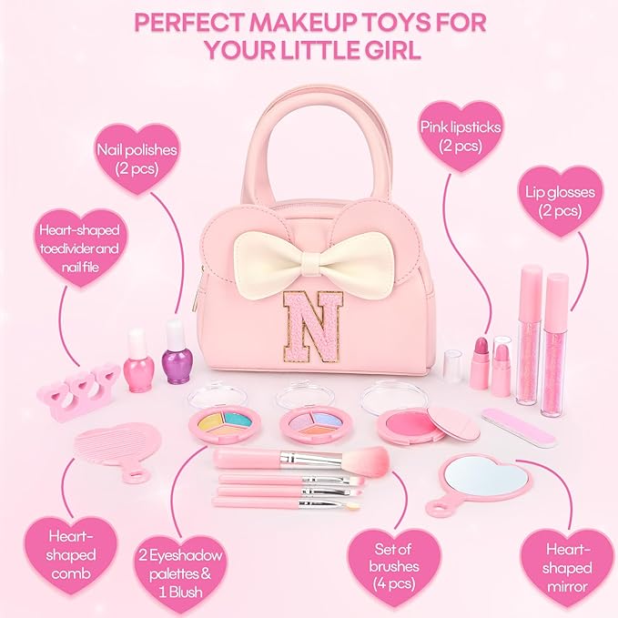 Kids Real Makeup Kit for Girls - 18Pcs Non-Toxic Washable Make Up Toys with Initial Toddler Purse - Personalized Birthday Gifts for Age 3 4 5 6 7 8 9 10 Years Old Girls Vanity Set - N