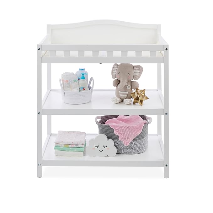 Badger Basket Baby Changing Table with Pad & Shelves - Wooden Changing Table with Storage - Nursery Change Table for Diapers & Baby Essentials, White