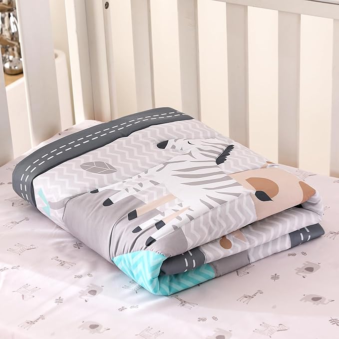 Wowelife Mini Crib Bedding Set Boy, 3 Piece Baby Bedding Set Nursery Bedding Set Elephant, Giraffe, Zebra Breathable Soft for Baby Boy with Comforter, Crib Fitted Sheet and Crib Skirt, Gray