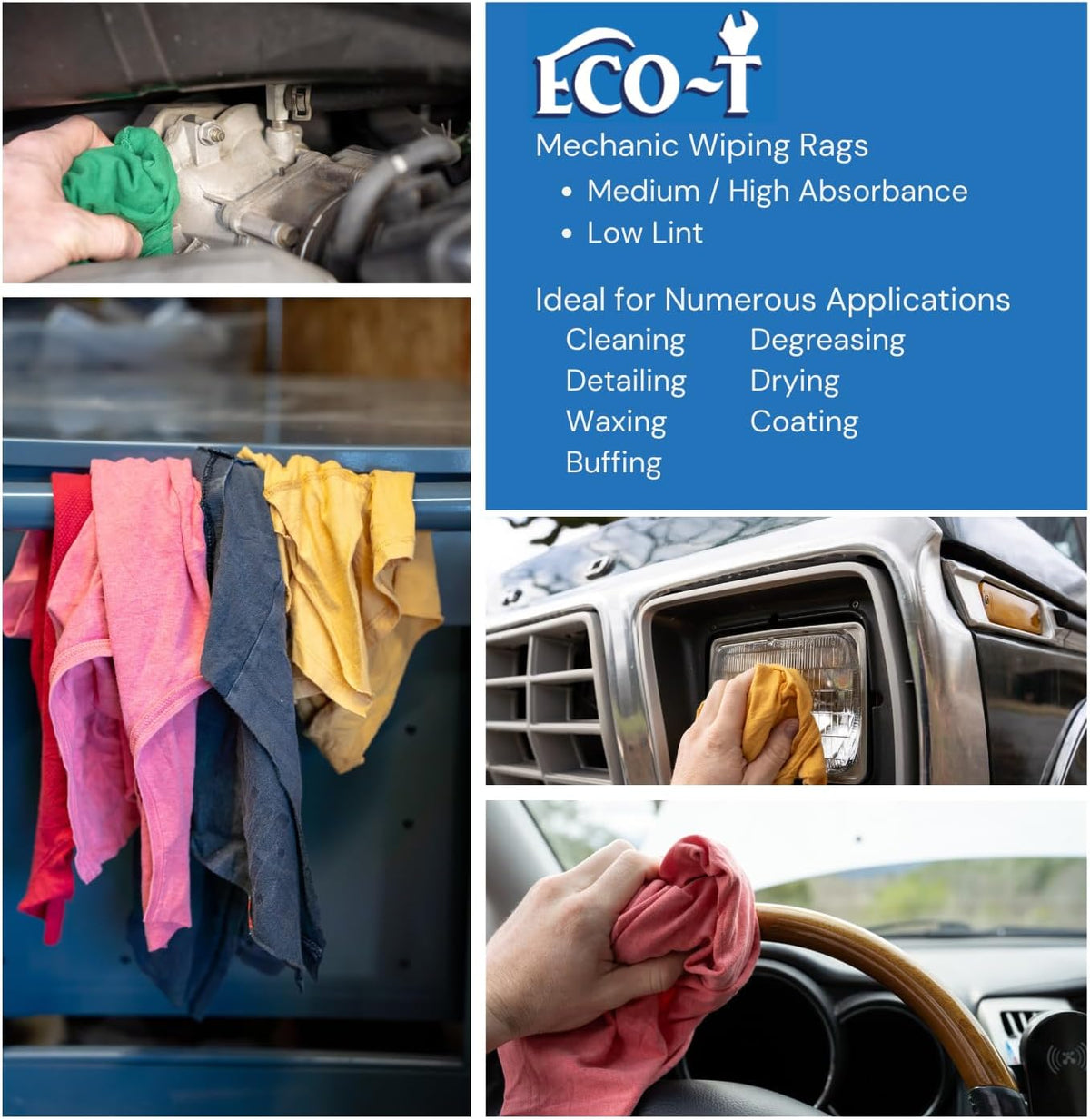 6 x 4 Lb Bags (24 Lbs) Eco-T Mechanic Shop Rags - Colored T-Shirt Material, 100% Recycled, Eco-Friendly, High Absorbency, Low Lint, Low-Cost, Industrial Use Wiping Cloth