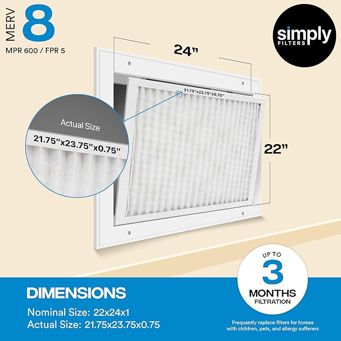 Simply 22x24x1 Air Filter, Merv 8, 6 Pack, For Home AC Furnace & HVAC (Actual Size: 21.75"x23.75"x0.75") DUST, Pet, & Allergy Control