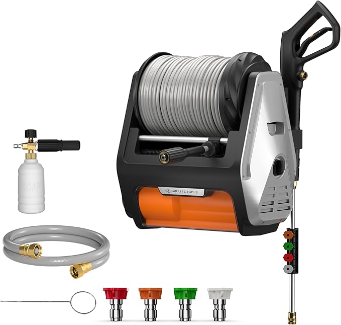 Giraffe Tools Wall Mount Pressure Washer PRO with Max 3700PSI 1.6 GPM, Upgraded 1800W Brushless Motor, Electric Power Washer with 100ft Pressure Hose, 4-Nozzles, Foam Cannon, Automatic Rewind