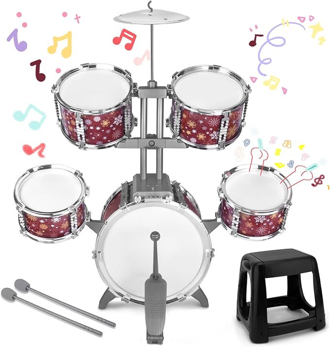 Kids Drum Set for Toddlers 1-3 Musical Jazz Drum with Stool Toys for 2-5 4-6 5-7 Boys Girls Birthday, Red