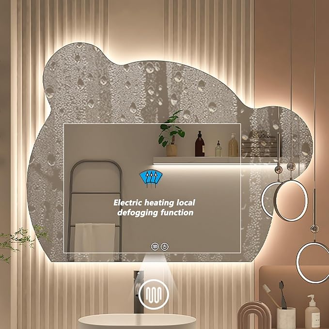Cute Bear Wall Mirror, Wall Mounted Multifunction Bathroom Vanity Mirror with LED Lights and Demister Pad, 3-Color Dimmable LED Light, Decorative Mirror(A,70x86cm)