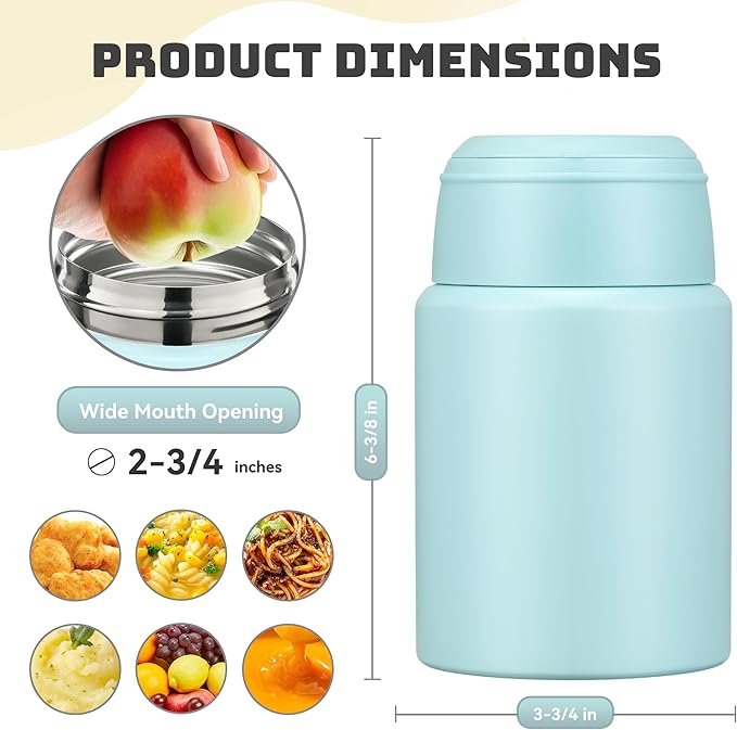 Soup Thermo for Hot Food Kids 16oz Insulated Food Jar Leakproof Thermo Lunch Container for Kids Wide-Mouth Stainless Steel Lunch Box for School with Handle Folding Spoon(3+)