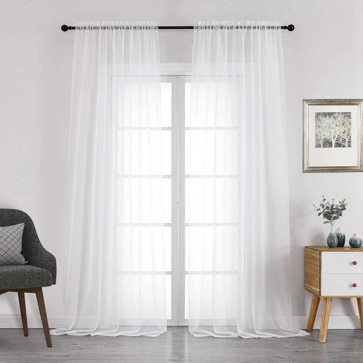 Chyhomenyc White Sheer Curtains 108 Inch Length 2 Panels Set, Extra Long Light Filtering Solid Voile Window Drapes for Living Room Party Ceremony, 42Wx108L, 9FT Length, Set of 2, White