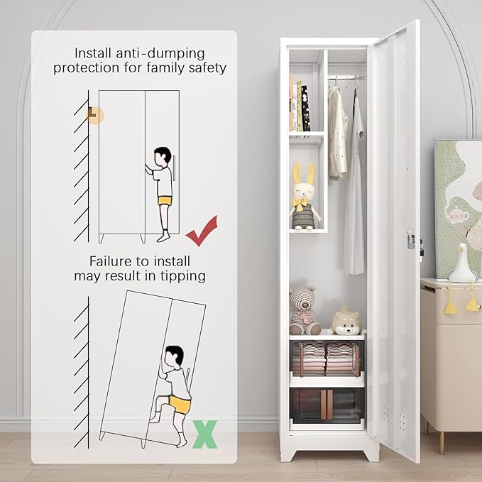 GREATMEET Slim Broom Closet Storage Cabinet, Narrow Utility Closet, 65" Metal Cleaning Supply Storage with Lock and Door,Utility Cabinets for Brooms and Mops for Laundry Room, White