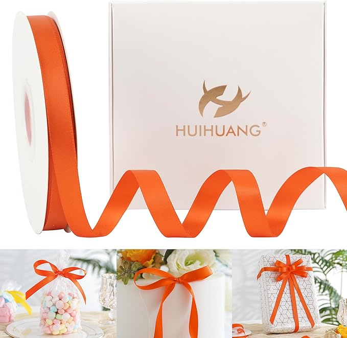 HUIHUANG Orange Ribbon 1/2 inch Continuous 50 Yards Tangerine Double-Faced Satin Ribbon for Gift Wrapping, Bows, DIY Crafts, Flower Bouquet, Wedding Decor, Holiday Decor