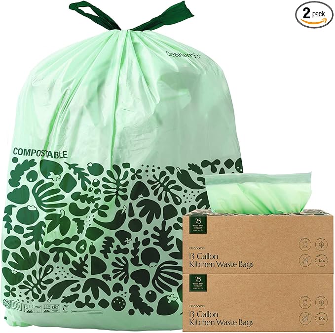 Cleanomic Compostable* 13 Gallon Trash Bags with Drawstring (2 Pack, 50 Count), BPI Certified For Kitchen Compost