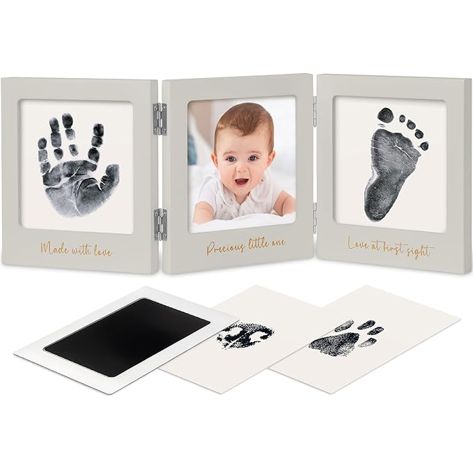 Inkless Baby Handprint and Footprint Kit for Newborn - Baby Footprint Kit, Newborn Keepsake Nursery Picture Frame,Dog Paw Print Maker,Personalized Gifts for New Mom,Showers & Registry(Cloud Gray/Gold)
