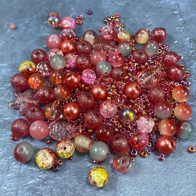 Assorted Glass Resin Beads Multi Size Colors Smooth Cracked Gravel Millet Spacer Beads for Bracelets Necklace Earring DIY Jewelry Making Craft(Rouge Red Series)