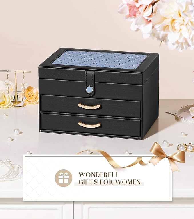 Black Jewelry Box Organizer: Home Decor for Women - 2-Drawer Holder for Valentine’s Day Birthday Christmas Black Grey-Blue