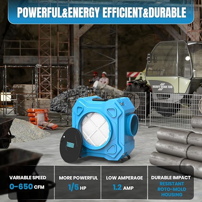 Air Scrubber with 3-Stage Filtration, 650CFM HEPA Air Scrubber Negative Air Machine with Lockable 360° Wheels & Auto-Foldable Handle, Portable Heavy Duty Air Cleaner for Home Industrial Commercial Use