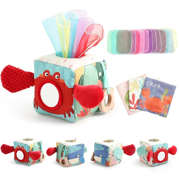 Baby Tissue Box Toy, Montessori Sensory Toys for 6-12 Months, 6 Month Old Baby Must Haves, with Crinkle Paper, Silk Scarves, Safety Mirror, Perfect Early Learning Gift