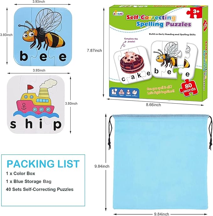 80 Words Self-Correcting Spelling Puzzles, Double-Sided Three and Four Letter Words with Matching Images, Perfect for Preschool Learning