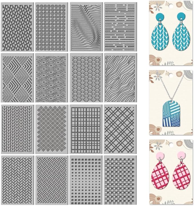 CHGCRAFT 16 Sheets Artistic Lines Clay Texture Mat Wavy and Plaid Pattern Polymer Clay Texture Sheets DIY Tools for Pottery Earring Jewelry Making Stamp Engraving Machines, 4x2.6inch