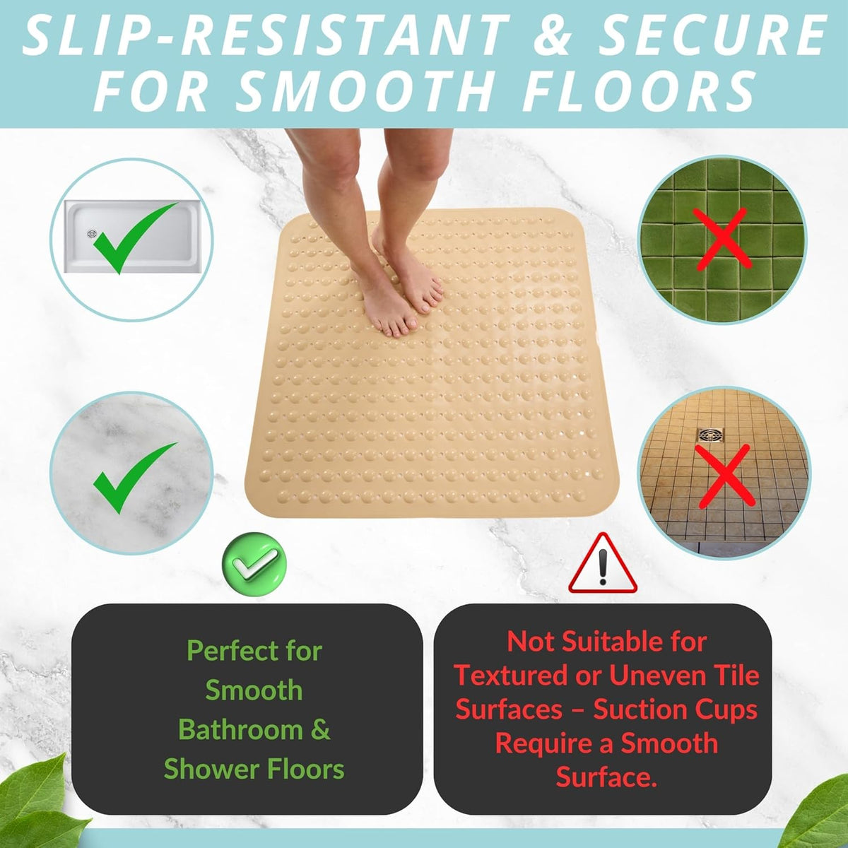ENKOSI Extra Large Square Non Slip Shower Mat - 31 x 31-inch XL Bathroom Shower Mat - Square Shower Mats for Shower Stall Floors | Secure Suction Cups and Drain Holes (31x31 Beige Opaque)
