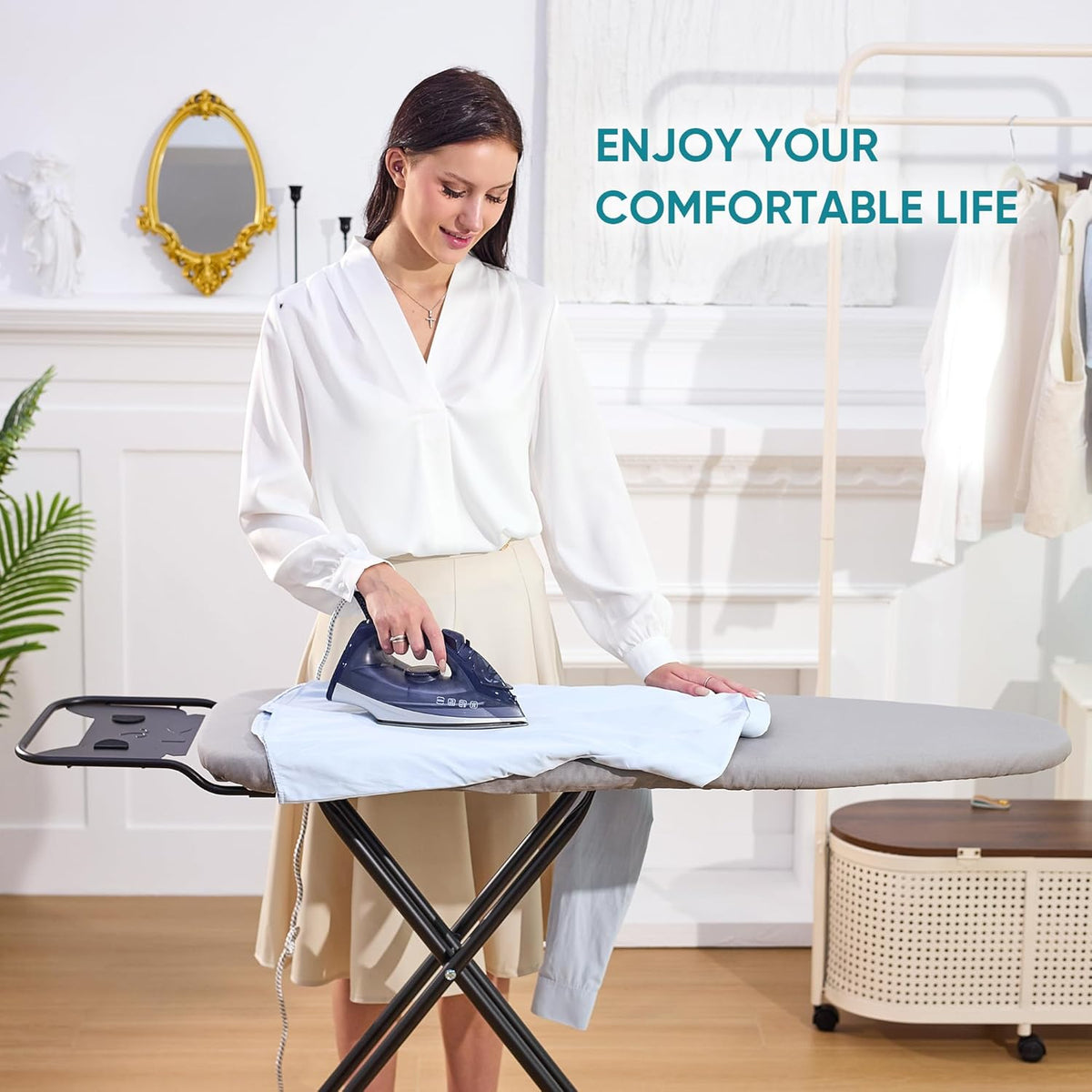Ironing Board 13" X 43" W/Height Adjustable,Safety Iron Rest,Extra Heavy Cover,Heat & Scorch Resistant Fabric, Anti-Skid Feet,Easy to Fold Gray