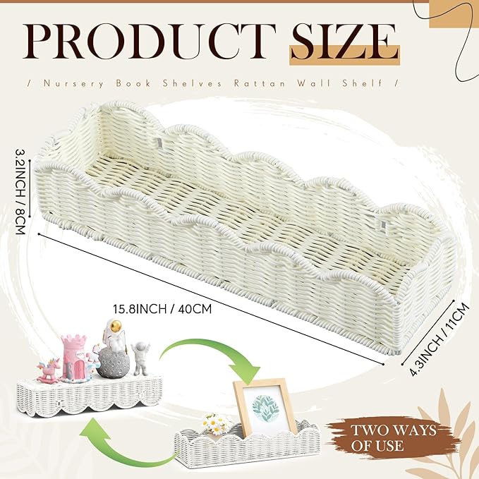 Pinkunn 3 Set Nursery Book Shelves Scalloped Rattan Wall Shelf 15.8 x 3.2 Inch Wall Mounted Plastic Floating Book Shelve, Hanging Boho Wicker Woven Shelf for Nursery Decor and Storage (Classic White)