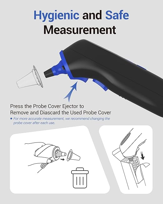 Ear Thermometer with Heated Probe, High Accuracy Thermometer for Kids, Adults and Babies with 32 Memory Recall, Mute and Night Light, Includes 21 Disposable Probe Covers, Storage Box