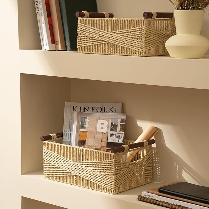 LA JOLIE MUSE Wicker Storage Baskets for Organizing, Recyclable Paper Rope Basket with Wood Handles, Decorative Hand Woven Basket Organizers for Makeup Books Shelves Living Room, Beige, Set of 2