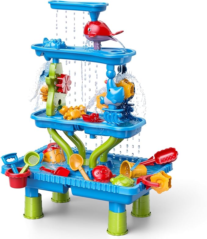 4-Tier Sand and Water Table for Kids, Outdoor Splash and Play Activity Set for Boys and Girls Ages 3 4 5 6 7 8 Years, Summer Beach & Poolside Sensory Toys for Fun Water Play