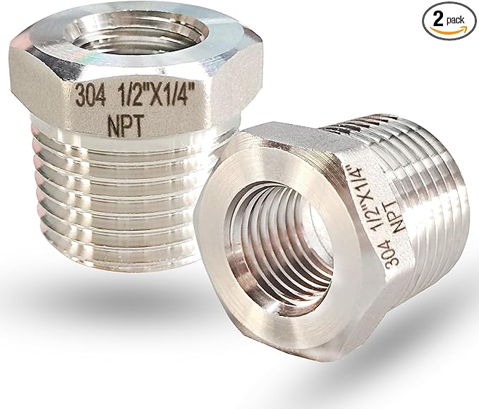 1/2" NPT Male to 1/4" NPT Female Hex Bushing Reducer, 304 Stainless Steel NPT Reducing Adapter Pipe Fitting, Heavy Duty Pipe Hex Bushing for Reducing Pipe (1/2” MNPT x 1/4” FNPT)
