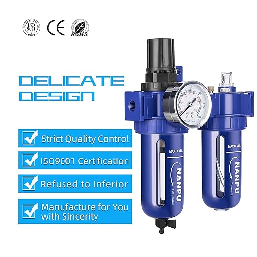 NANPU 1/4" NPT Compressed Air Filter Regulator Lubricator (FRL), Zinc Alloy, 5 Micron Brass Element, 0-150 psi Gauge, Quick Release Bowl, Manual Drain, Metal Bracket