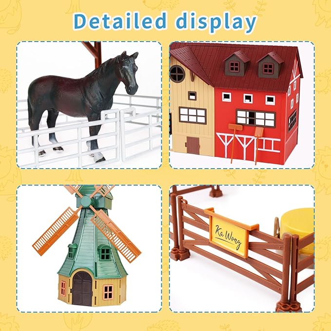 Farm Animals Figurines Toys -140 pcs Toy Set Barn Toy Horse Stable Tractor Trailer Windmill Farmer Fence Playset for Kids Toddlers Boy Girl 3-7 Years Old