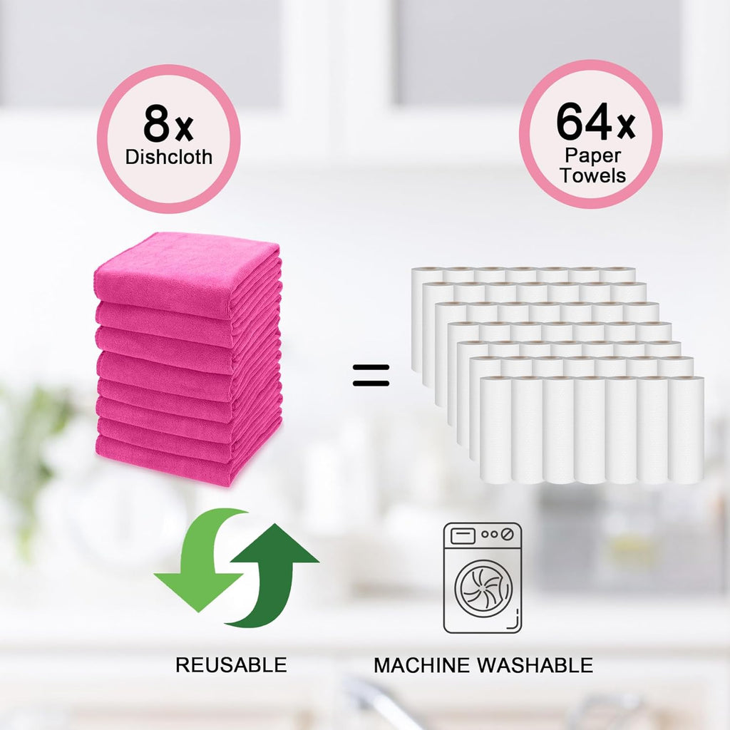 kimteny 13x28 Inches Kitchen Cloth Dish Towels, 400 GSM Premium Dishcloths, Super Absorbent Coral Velvet Microfiber Cleaning Cloths, Fast Drying Rags for Washing Dishes (8 Pack, Rose Red)