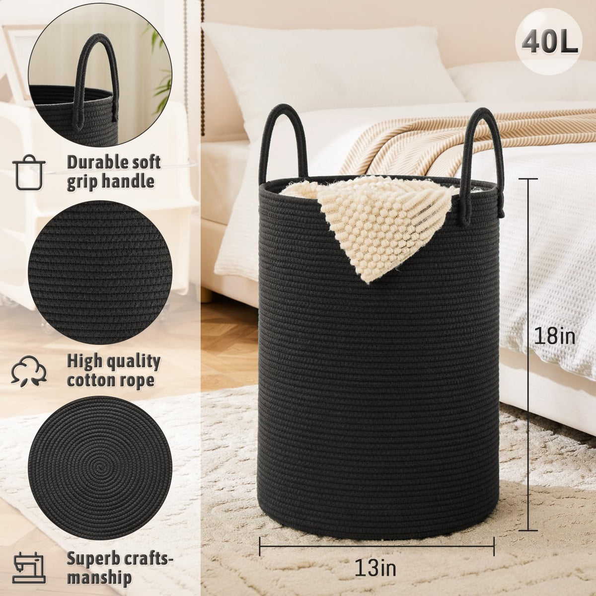 Laundry Basket,Woven Cotton Rope Laundry Hamper,40L for Decorative Storage of Dirty Clothes,Toys and Blankets in Bathroom,Baby Room and Living Room