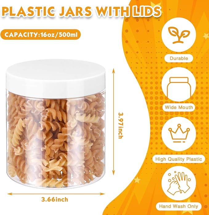 SATINIOR 24 Pieces Empty Clear Plastic Jars with Lids Round Storage Containers Wide Mouth for Beauty Product Cosmetic Cream Lotion Liquid Butter Craft and Food(White Lid,16 oz)