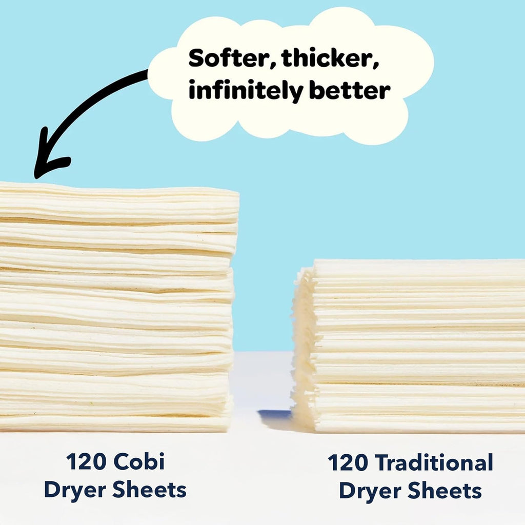 Cobi Eco-Friendly Dryer Sheets - 100% Cotton Biodegradable Non-Toxic & Unscented for Sensitive Skin, Clean Plant-Based Static Control, 120 Count