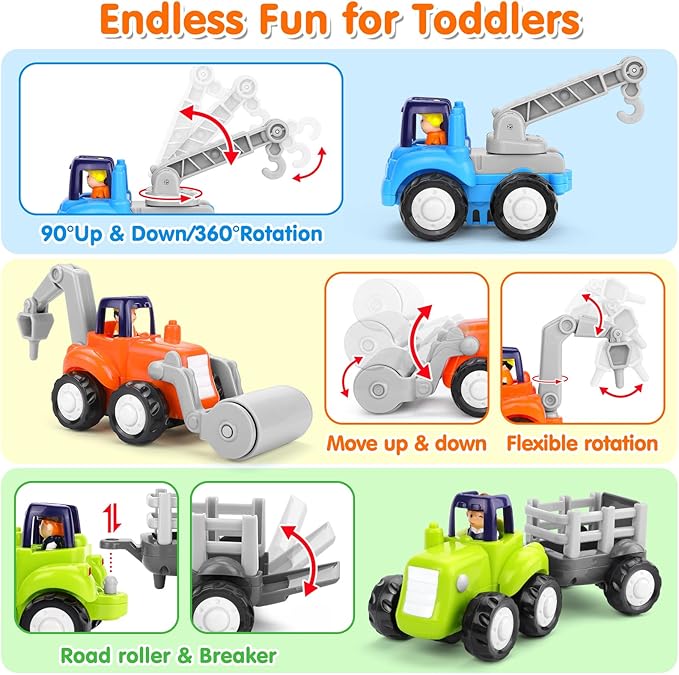 Inertia Trucks Toy Cars, Early Educational Baby Boy Toys 18 Months, Push and Go Cars Gifts for Boys & Grils, 4PCS Construction Vehicles for Toddler Outdoor & Indoor