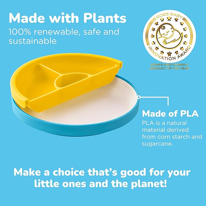 Omie® Easy Scoop Plates for Kids | Unique Design Helps Food Fall into the Spoon, Not on the Table | Made from Plants | 3 Plates + 2 Silicone Dividers | Blue