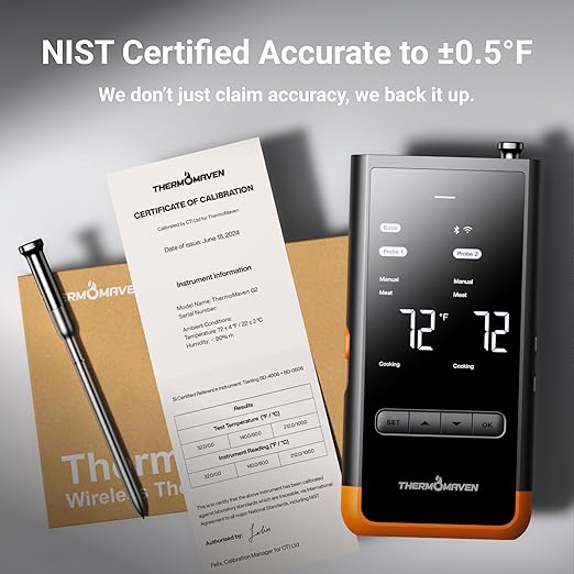 Wireless Bluetooth Smart Meat Thermometer: Standalone Base, Smart WiFi Thermometer with Sub-1G, 6 Sensors NIST Certified Accuracy, 2 Probes, for BBQ, Grill, Oven, Smoker, Rotisserie