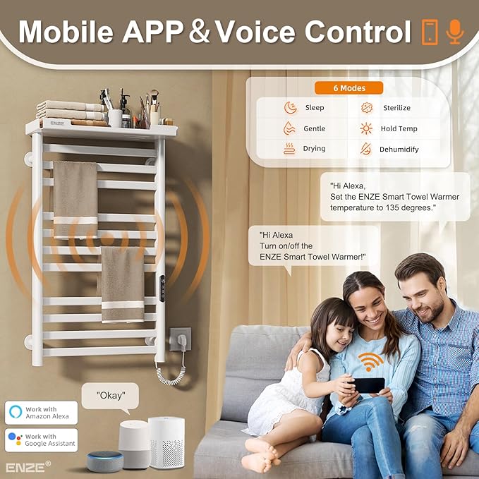 ENZE Heated Towel Rack with Shelf and Wi-Fi App Control, 11 Bars Electric Wall Mounted Towel Warmer with Timer & Adjustable Temperature, Low Carbon Steel, Plug-in/Hardwired, White