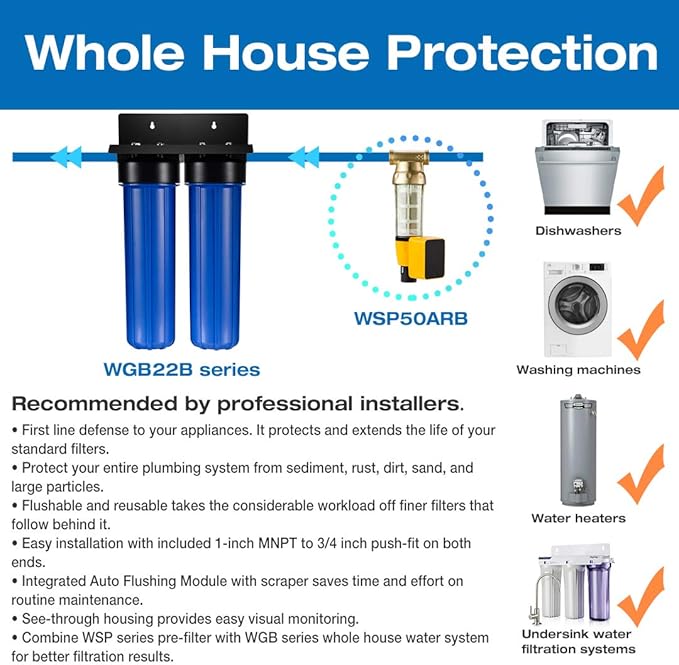 iSpring WGB22B-PB+AHPF12MNPT16X2 2-Stage Whole House Water Filtration System with 20” x 4.5” Carbon Block and Lead Reducing Filters and 3/4" Push-fit Stainless Steel Hose Connectors, Blue