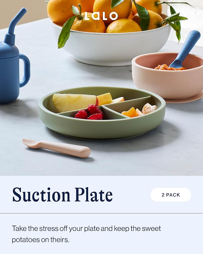Lalo Suction Plates - 2 Pack, 100% Silicone Non-Toxic BPA-Free Baby Plates with Suction Base To Prevent Accidental Tip-Overs - Suction Plates for Toddlers With Three Divided Sections - Oatmeal